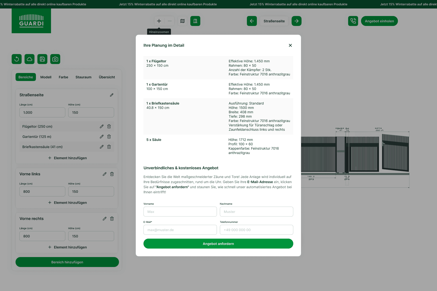 Screenshot der GUARDI-Webanwendung zur Planung von Zäunen und Toren. Die Benutzeroberfläche zeigt die Optionen zur Anpassung der Zaunlänge, -höhe und -elemente sowie eine detaillierte Übersicht der ausgewählten Komponenten, einschließlich Flügeltor, Gartentür, und Säulen. Ein Formular für ein unverbindliches und kostenloses Angebot ist sichtbar, das Benutzern ermöglicht, ihre Kontaktdaten einzugeben, um ein personalisiertes Angebot anzufordern.