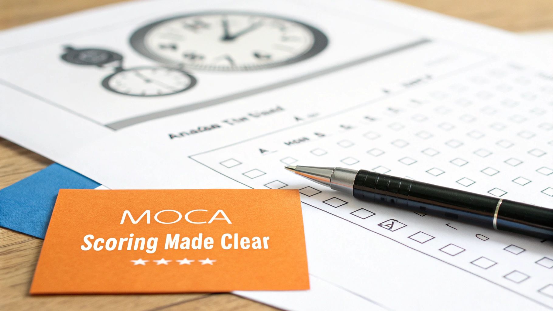 A pen rests on a MOCA test paper with a clock drawing, next to a card reading 'MOCA Scoring Made Clear'.