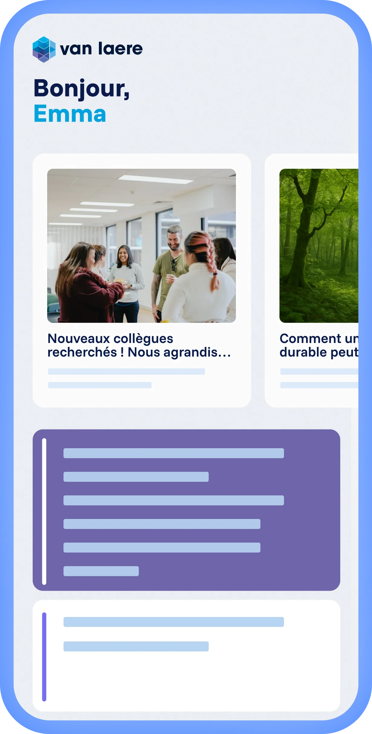 Plateforme Spencer avec expérience locale et branding Van Laere personnalisé, fil d’articles personnalisé et mise en page claire