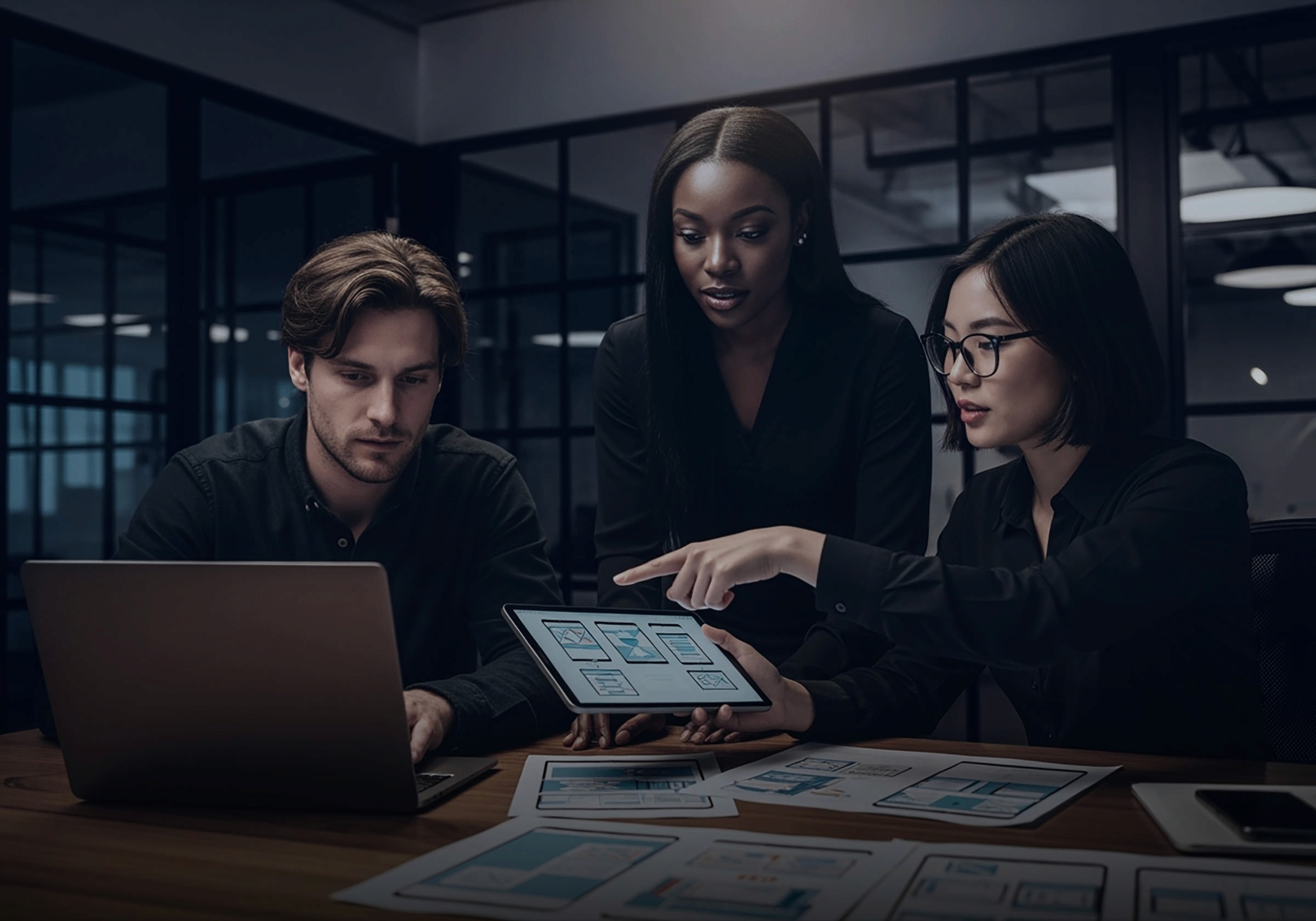 Group of professionals at a conference room desk having a meeting