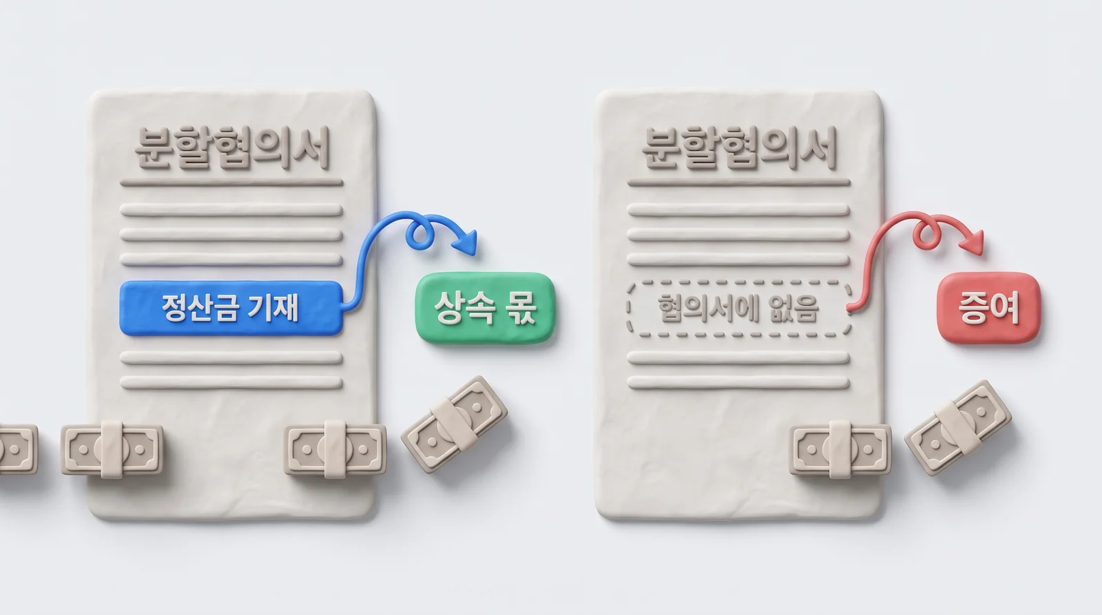 분할협의서에 정산금을 적으면 상속 몫, 협의서에 없으면 증여로 판단된 상속재산 정산금 비교