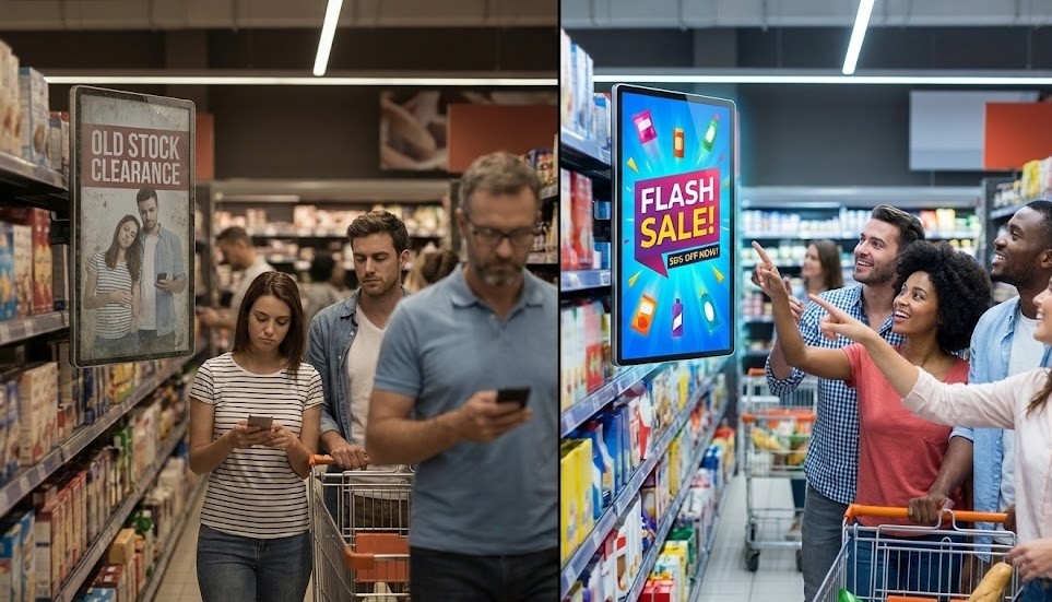 Imagem dividida comparando duas experiências de compra num supermercado. À esquerda, clientes ignoram uma placa de 'OLD STOCK CLEARANCE', focados nos telemóveis. À direita, um grupo de amigos aponta e sorri para um ecrã digital com publicidade vibrante de 'FLASH SALE! 50% OFF'.