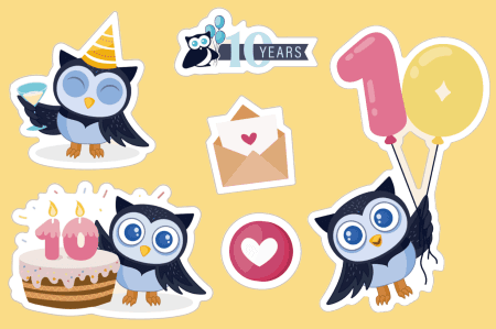 Mockup of our 10th birthday sticker sheet