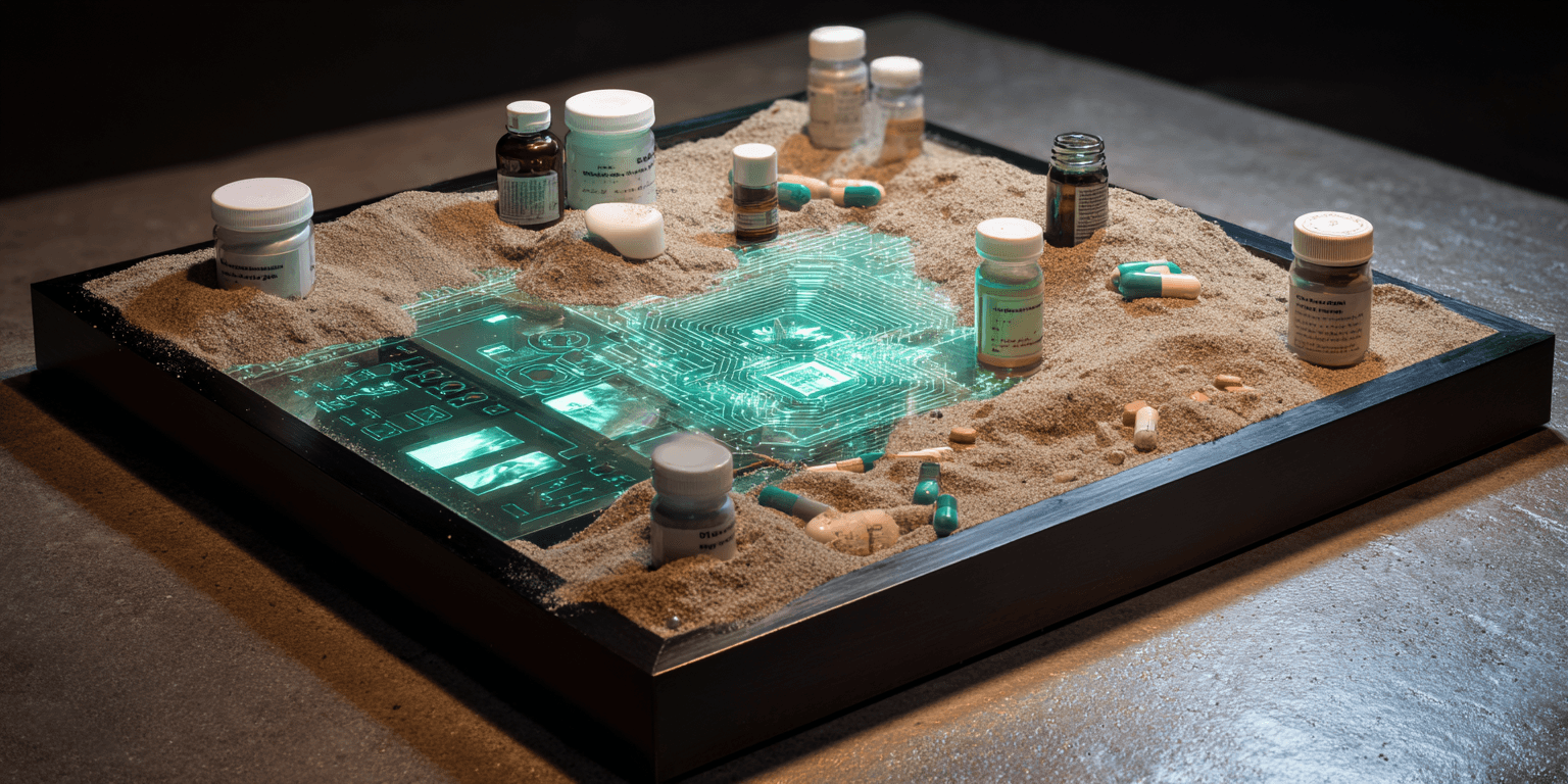 A tabletop sandbox filled with sand, medicine bottles, and capsules, partially revealing a glowing digital circuit board underneath. The image blends physical pharmacy elements with futuristic AI technology, symbolising the safe testing of AI tools in a healthcare environment — a metaphor for the UK’s AI Airlock sandbox initiative.