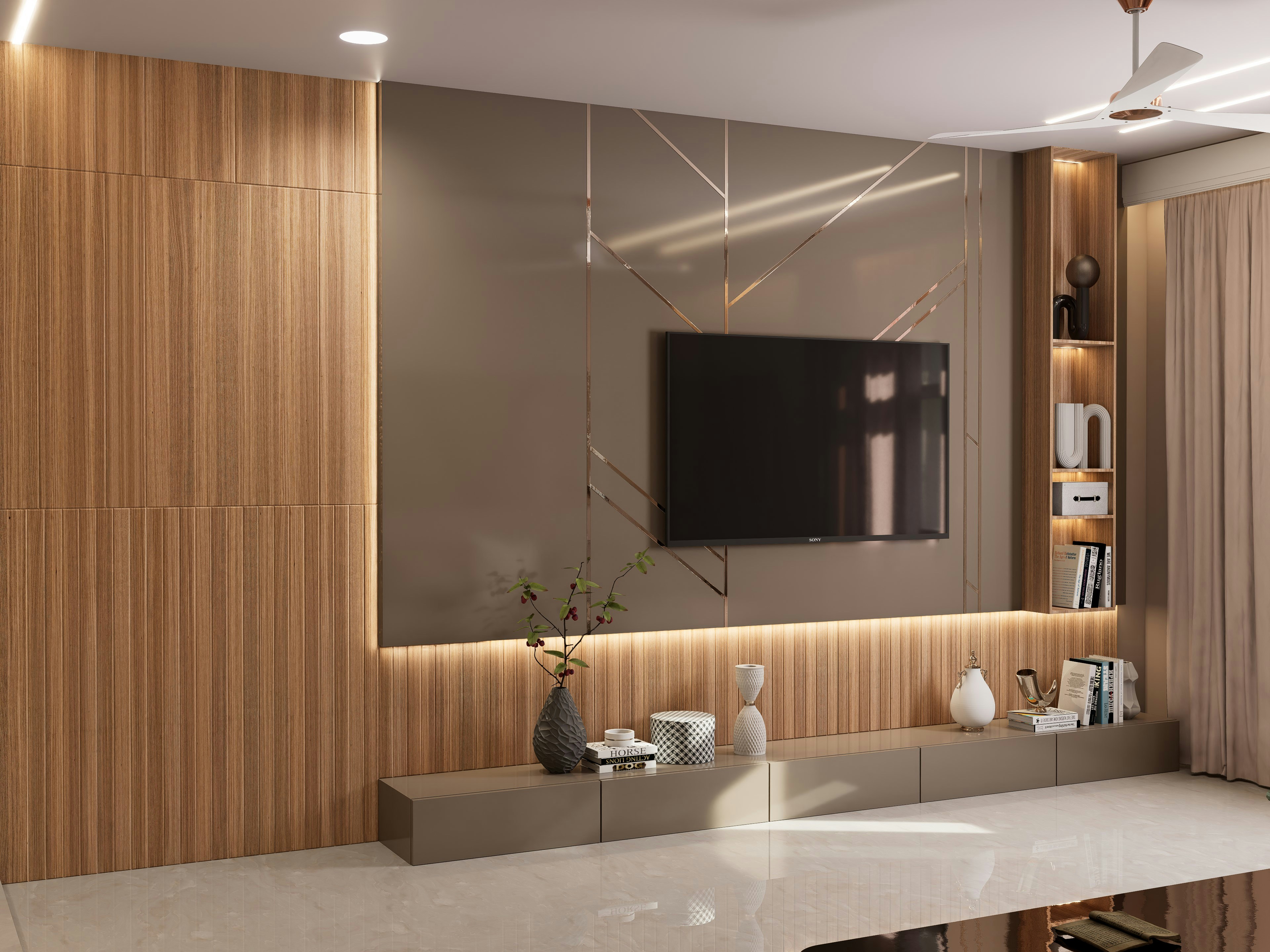 A modern living room with a mounted tv.