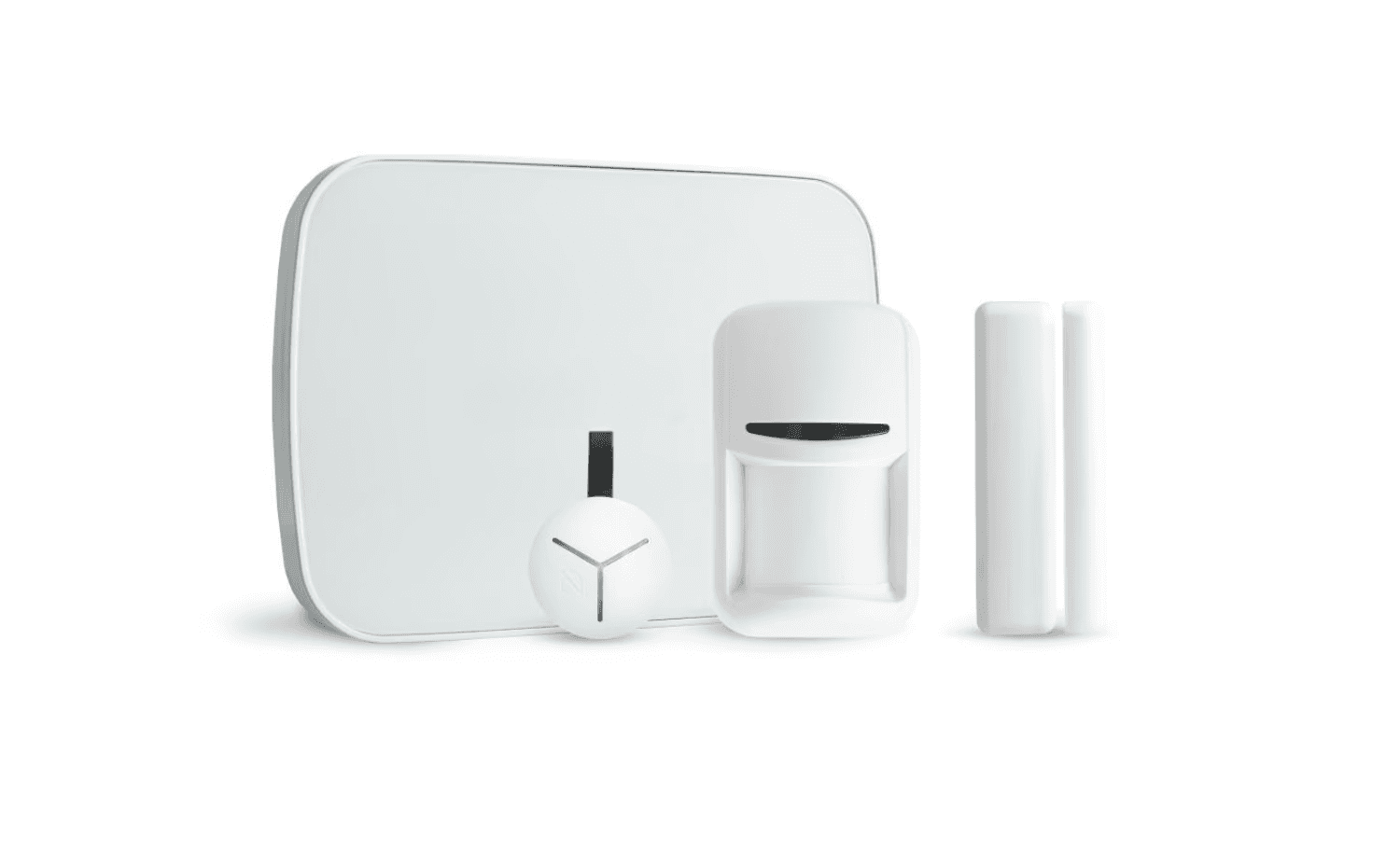 Kit alarme maison sans fil : centrale, détecteur de mouvement et capteur d'ouverture.