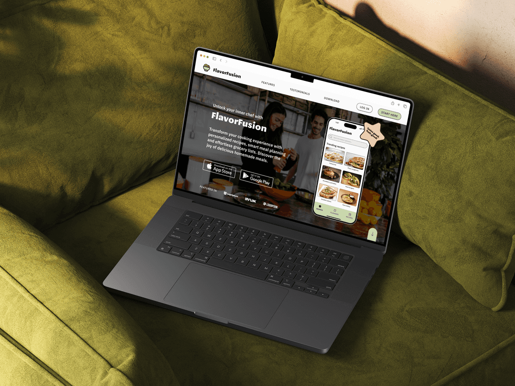 A laptop with the FlavorFusion landing page open