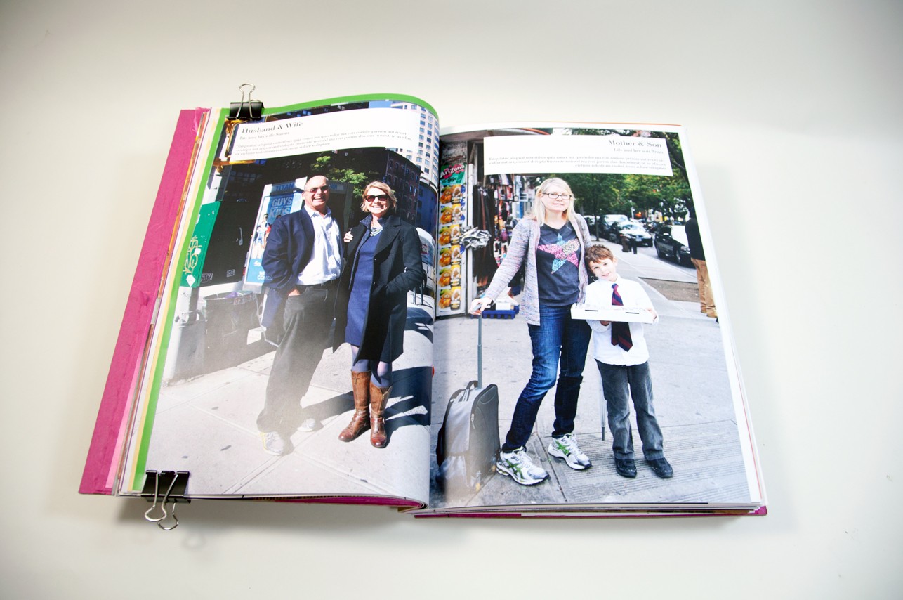 an opened book depicting a picture of a man and a woman on the left side and on the right side a picture of a woman and a child