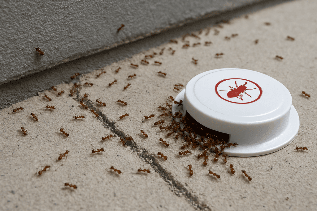 Ant bait stationt attracting a large mound of fire ants.