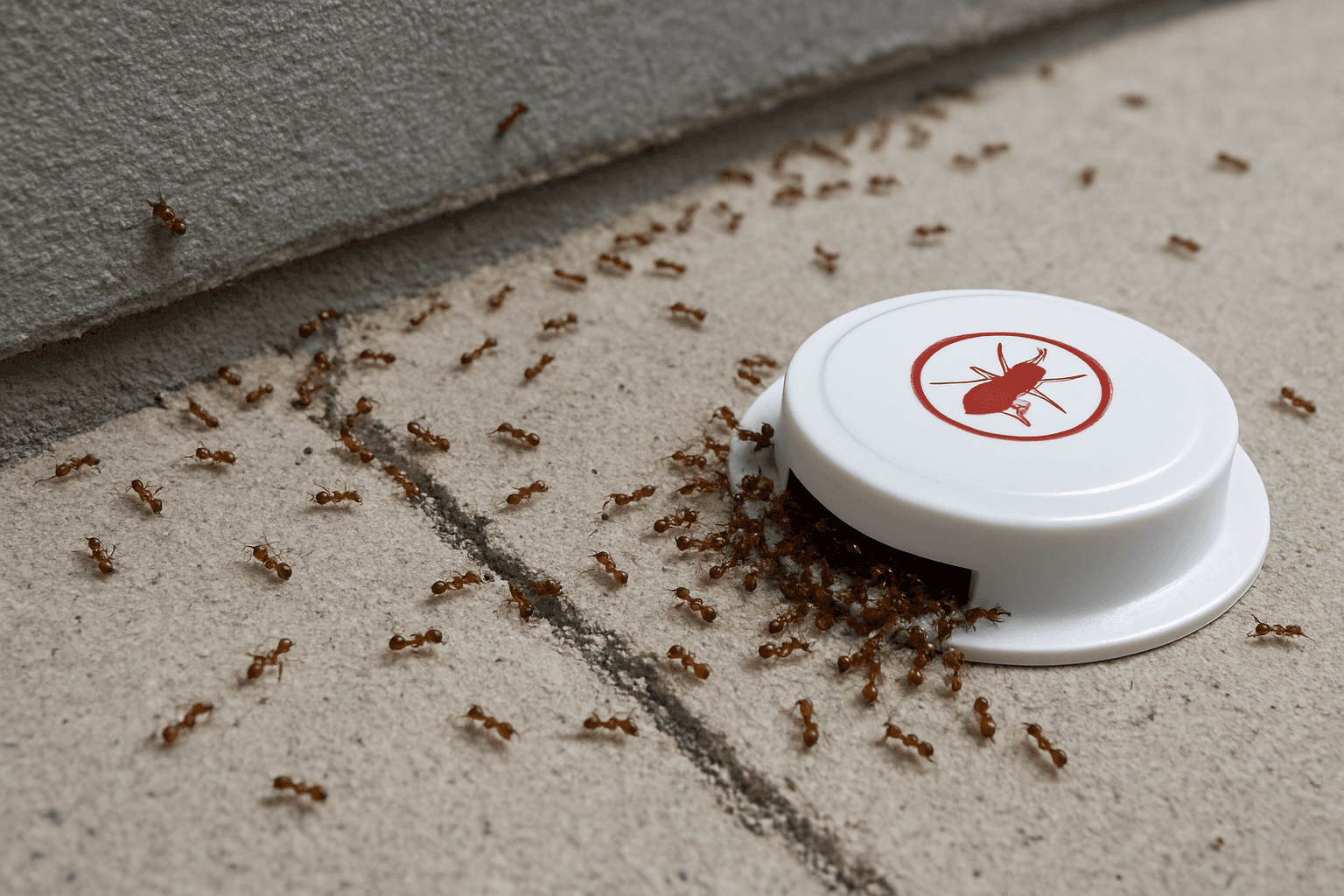 Ant bait station attracting a large mound of fire ants