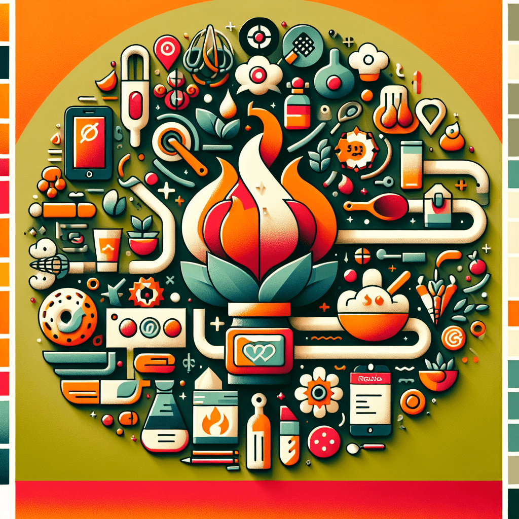 Detailreiche digitale Szene mit einem aufgeschlagenen Kochbuch, das auf einem Tisch liegt, umgeben von Lebensmitteln, Kochutensilien und frischen Zutaten. Die Atmosphäre ist gemütlich und kreativ, ideal zur Darstellung einer Rezeptinspiration.