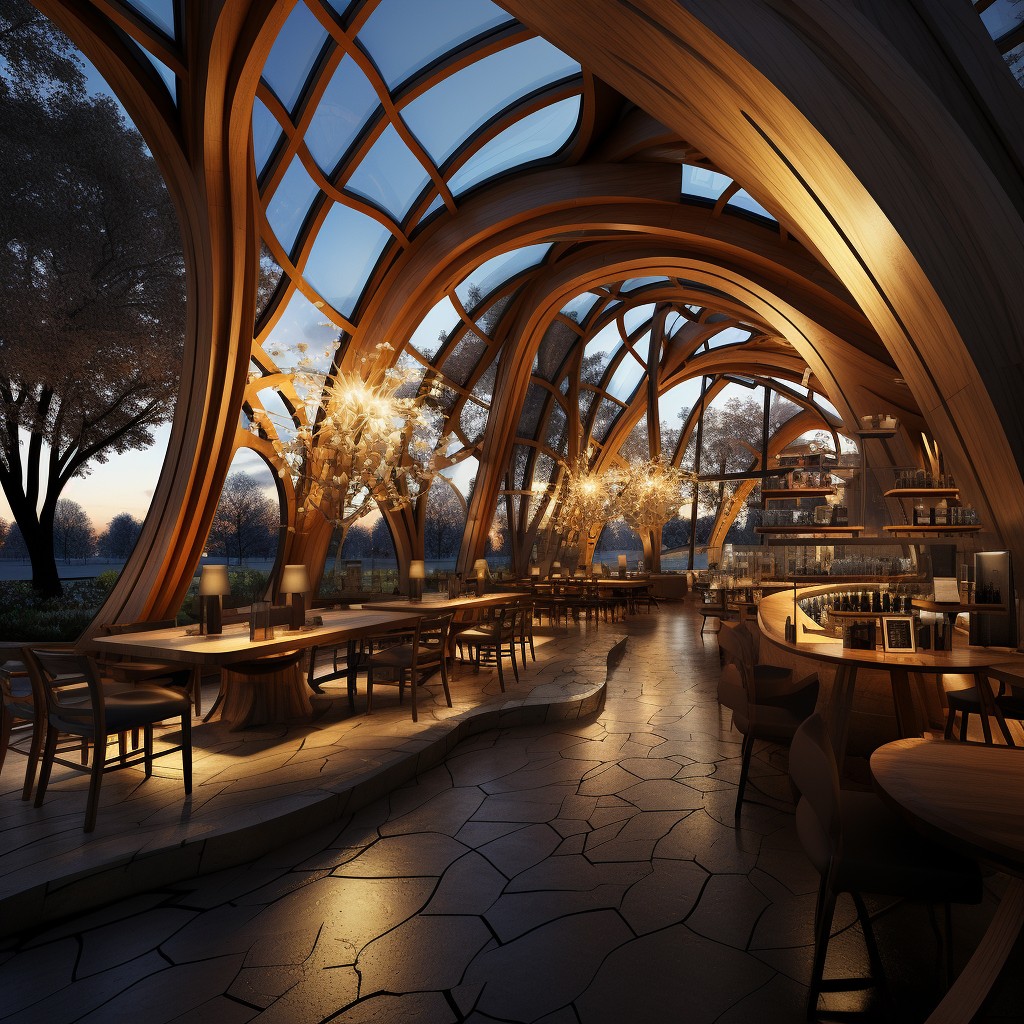 Концепт архітектурного рішення ресторану з органічними арками і заскленим дахом