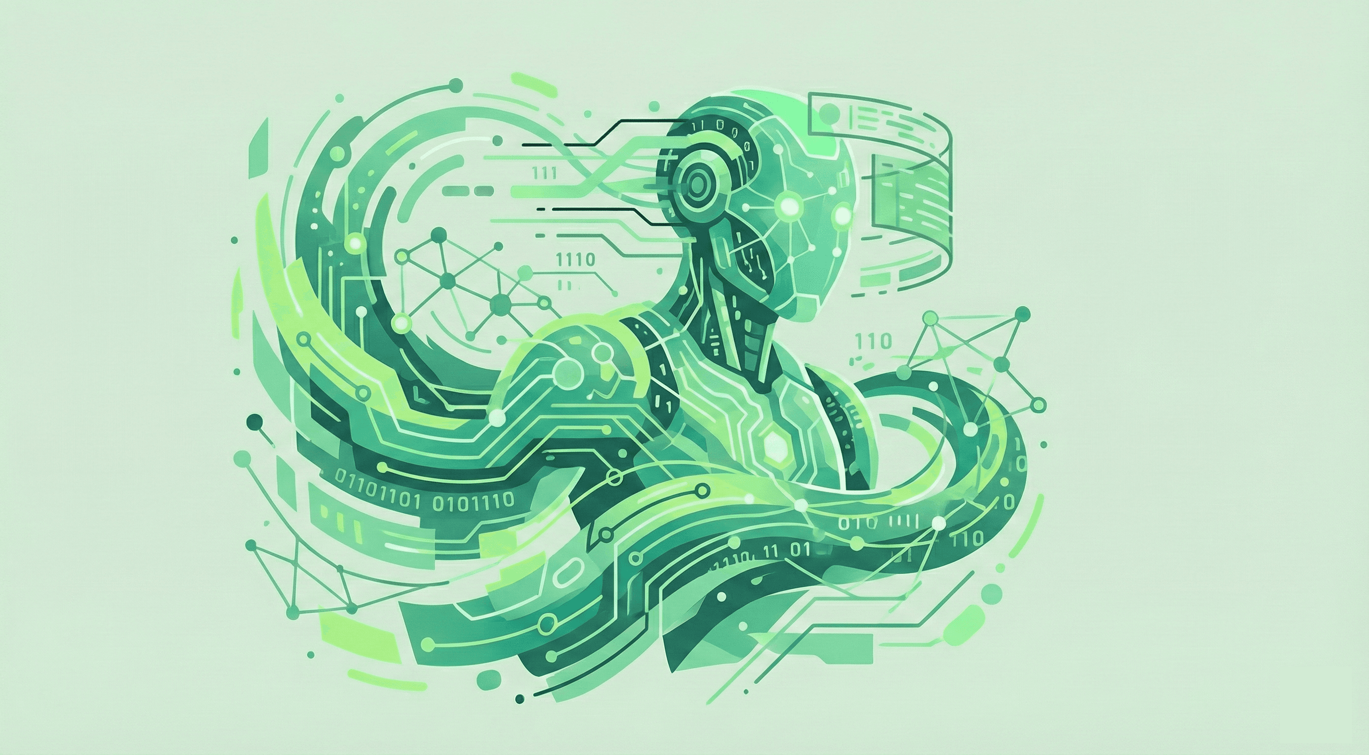 An abstract depiction of a robot representing an AI agent examining data and tools