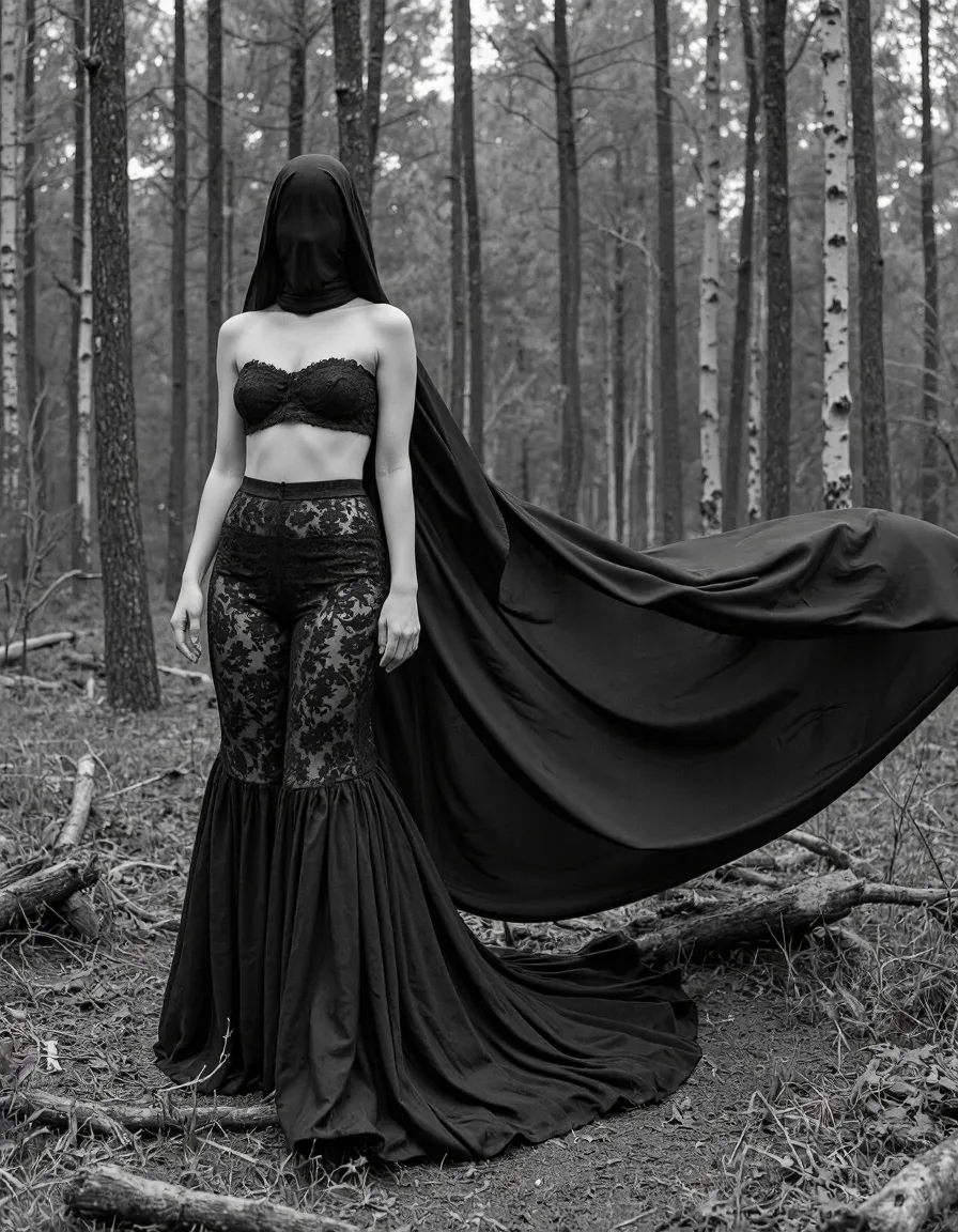 Black and white photograph of figure in gothic attire with dramatic flowing black fabric standing in a misty forest setting