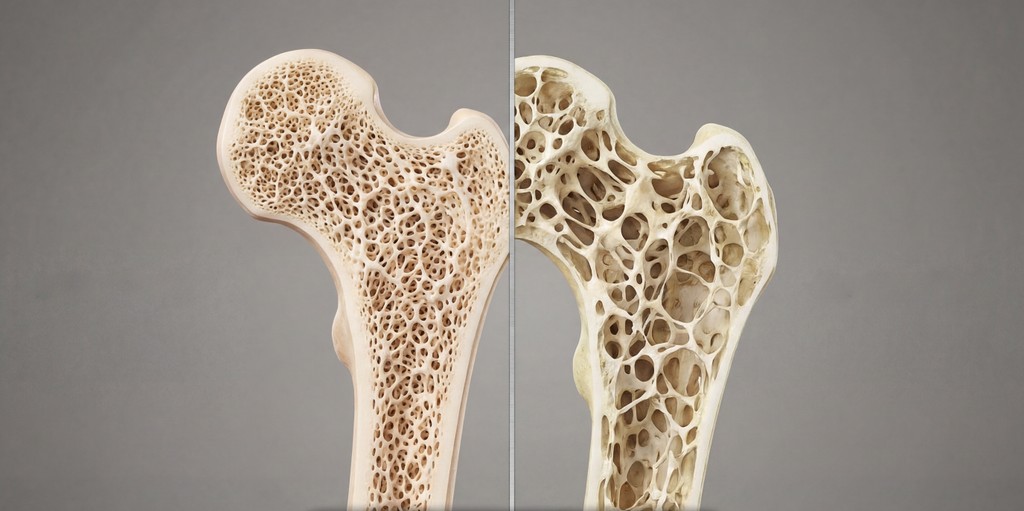 Vergleich: Gesunder Knochen mit dichter Struktur und osteoporotischer Knochen mit poröser Struktur