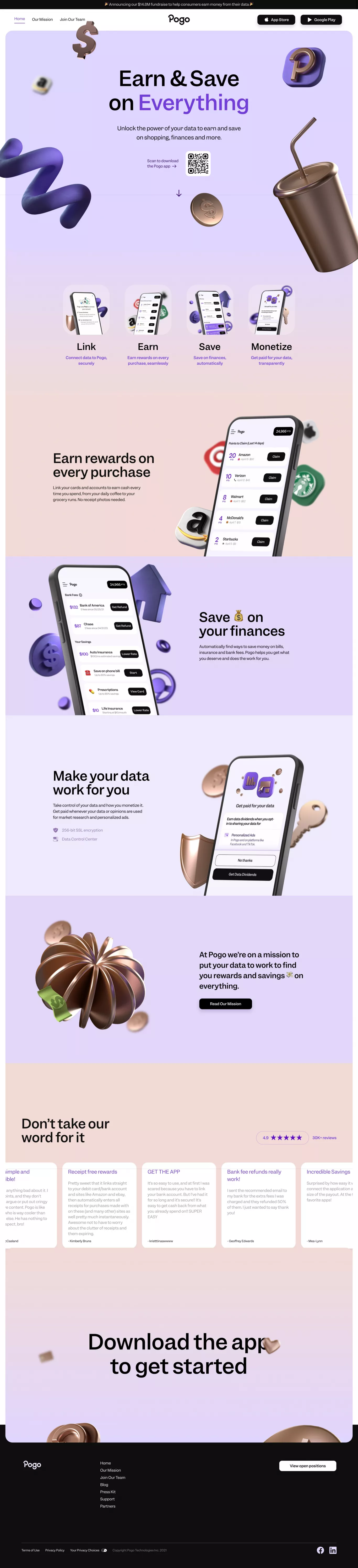 Pogo: Earn & Save on Everything landing page screenshot showcasing Tech and Finance design