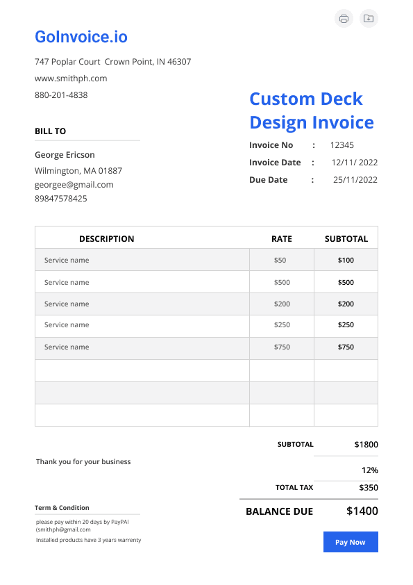 Custom Deck Design Invoice