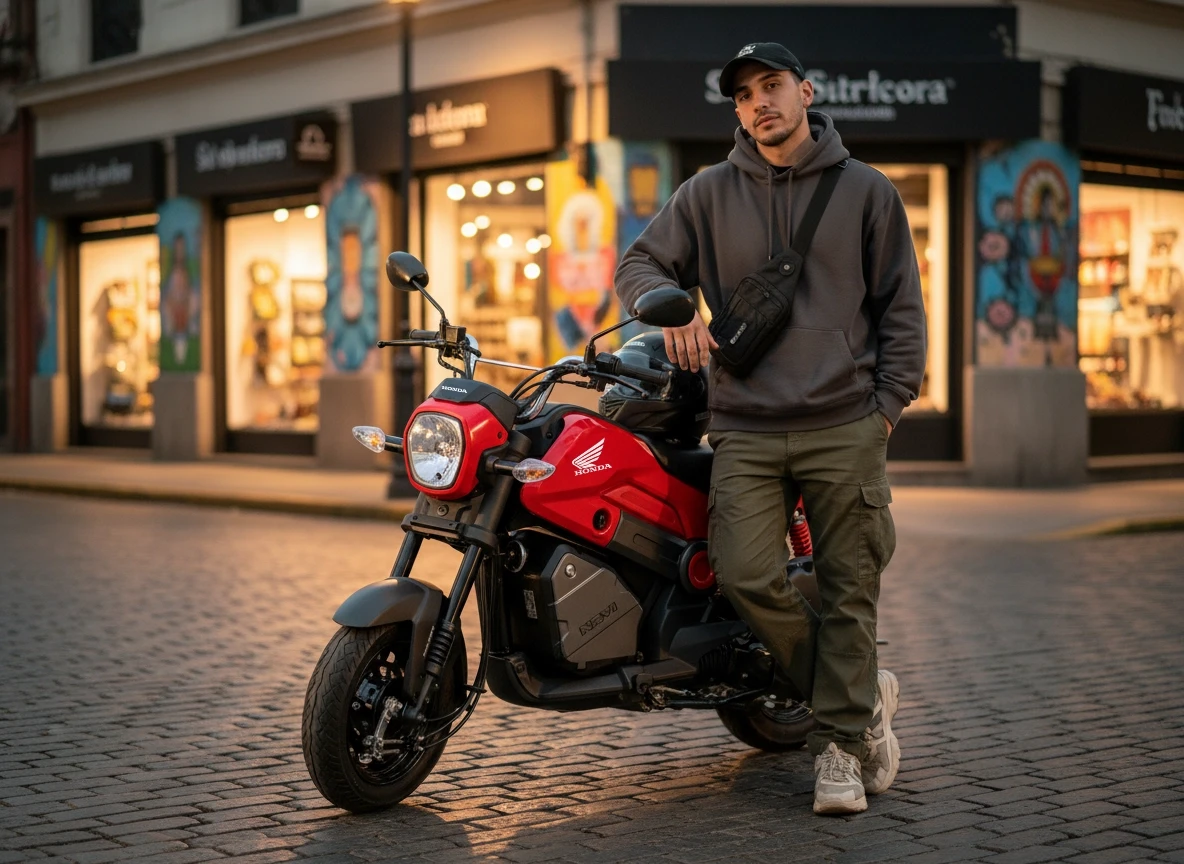 Hombre posando junto a su Honda Navi roja