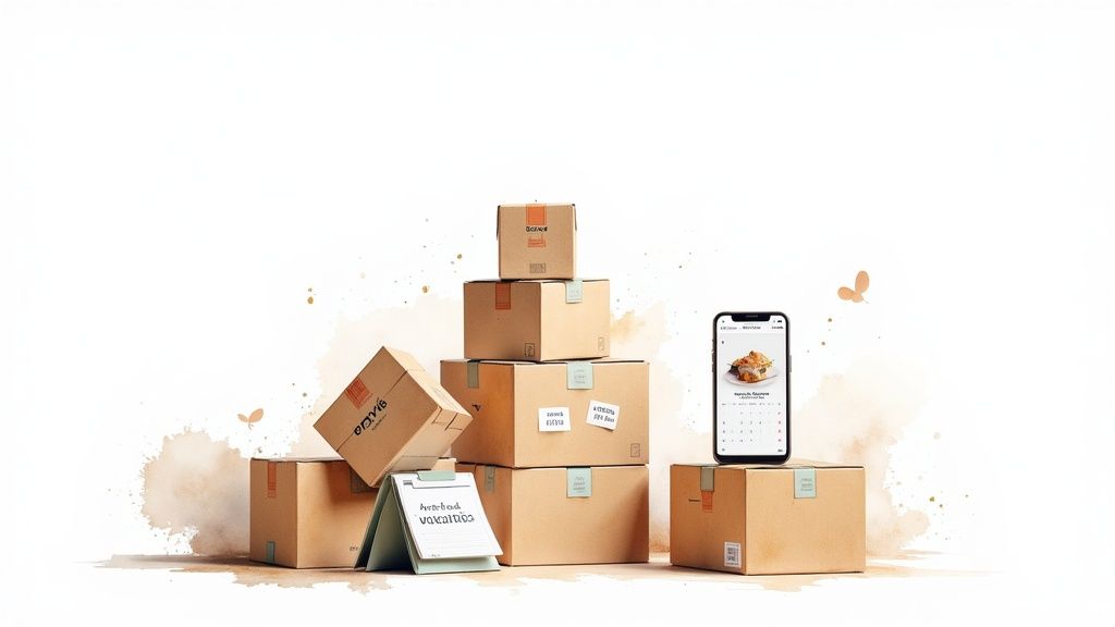 Pila de cajas de cartón con un teléfono móvil que muestra una aplicación de comida y un portapapeles.