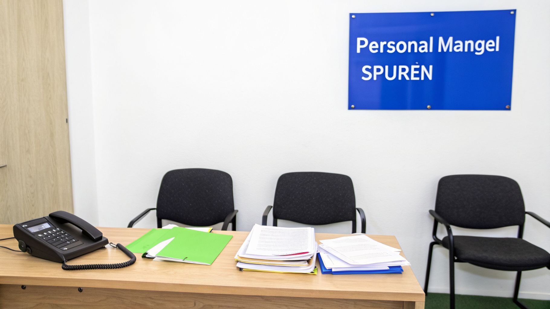 Ein Schreibtisch mit Telefon und Dokumenten vor drei leeren Bürostühlen und einem blauen Schild an der Wand.