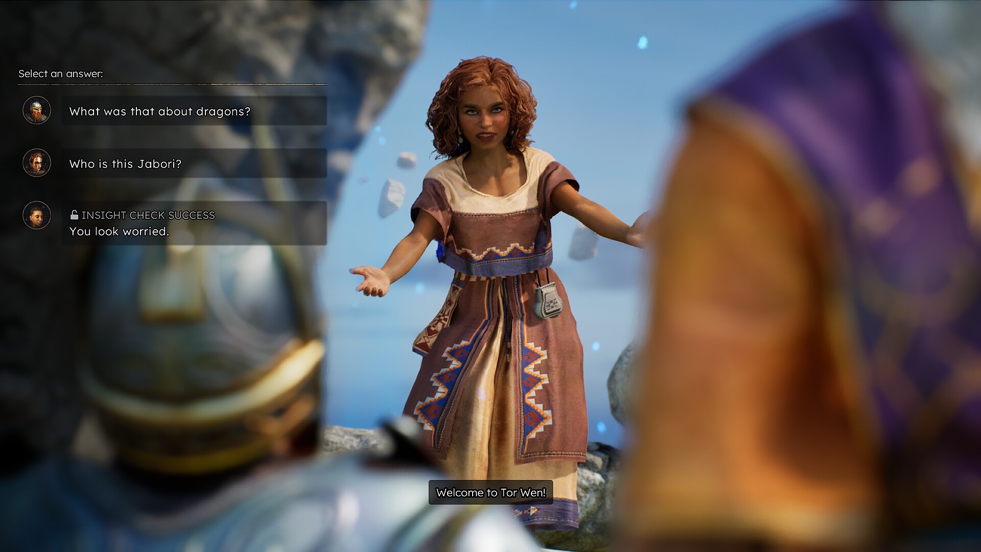 Dialogue interactif avec un personnage dans Solasta II montrant le système narratif et les choix de dialogue du RPG