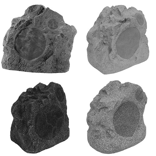 Four rock-shaped speakers in varying grays.