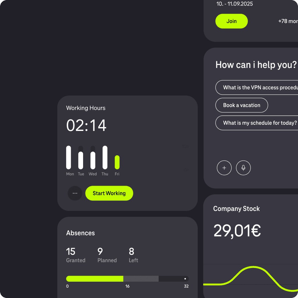 Close-up of UI card components of an employee app in dark mode showing graphs, diagrams and schedules with subtle branding.