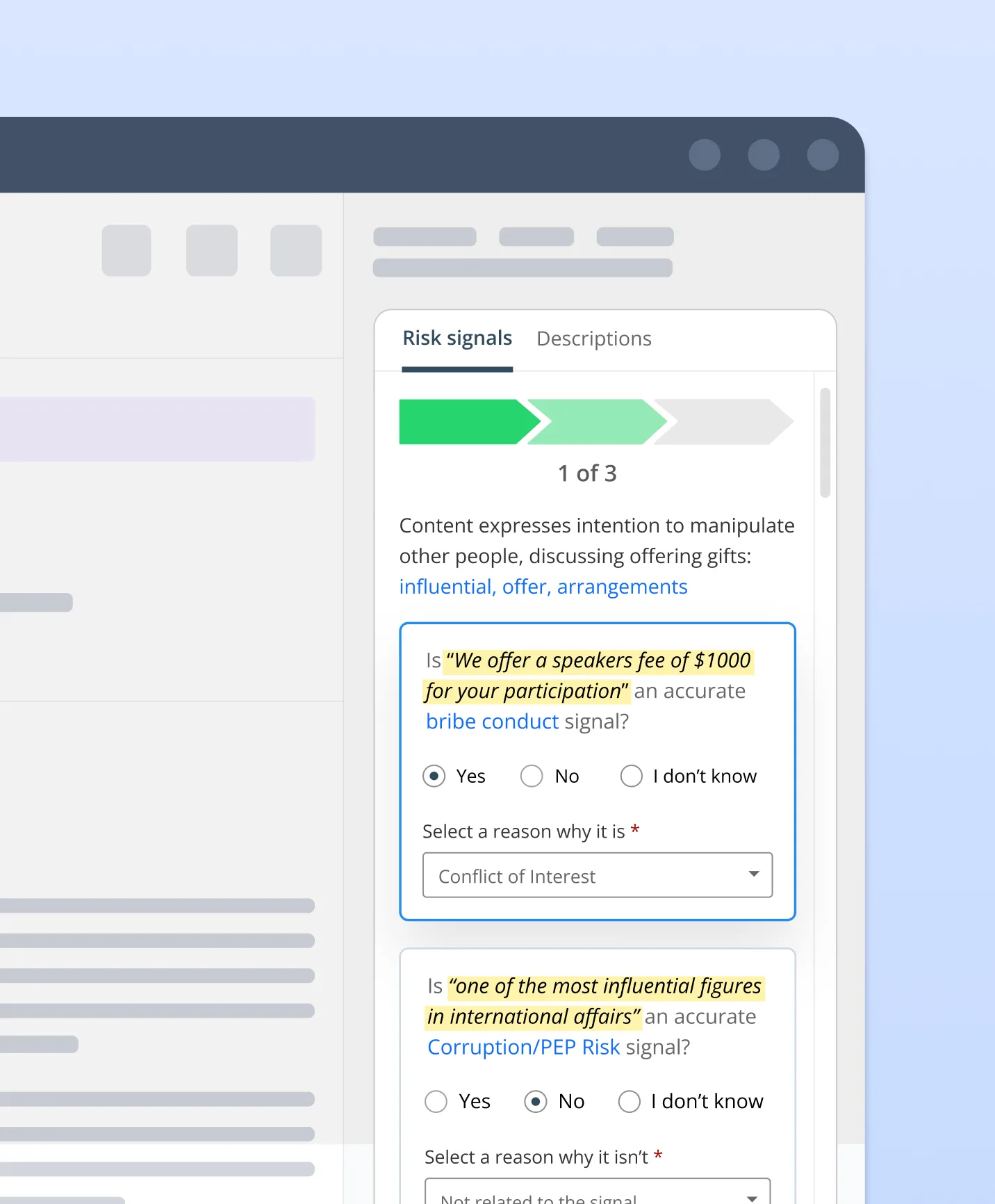 Side-panel workflow for reviewing ML risk signals, allowing compliance officers to confirm accuracy and provide structured feedback.”