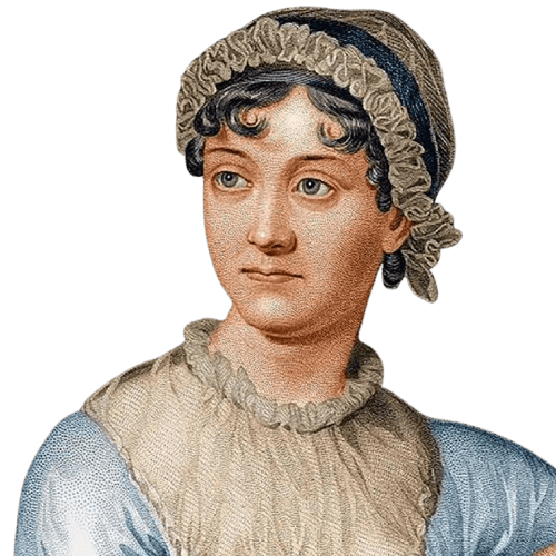 A detailed illustration of Jane Austen, the celebrated 19th-century English novelist, wearing a bonnet and modest period clothing. Her calm expression and poised demeanor reflect her role as one of the most influential writers in English literature. Known for her sharp wit and keen observations of society, Austen authored classics like "Pride and Prejudice" and "Sense and Sensibility." This portrait captures her timeless legacy as a literary icon, whose works explore themes of love, class, and morality with enduring relevance.