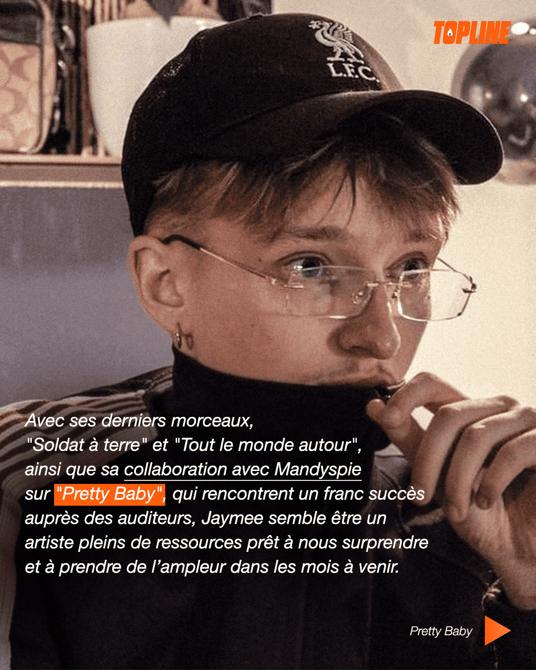 Exemple de post pour les réseaux sociaux du média TopLine, titré 'LE RÉCAP' DE LA SEMAINE'. L'image est un collage dynamique de portraits de deux artistes : un homme souriant portant des lunettes de soleil sportives et futuristes (type masque) et une femme regardant fixement, le tout sur un fond violet. Le post mentionne les artistes couverts (Gazo & Tiakola, Dave, Eminem...) et la date (09.24). Ce graphisme au style magazine est conçu pour résumer l'actualité musicale hebdomadaire, illustrant l'expertise de Nux-Studio en graphisme digital, direction artistique et création de contenu d'actualité pour la stratégie réseaux sociaux.