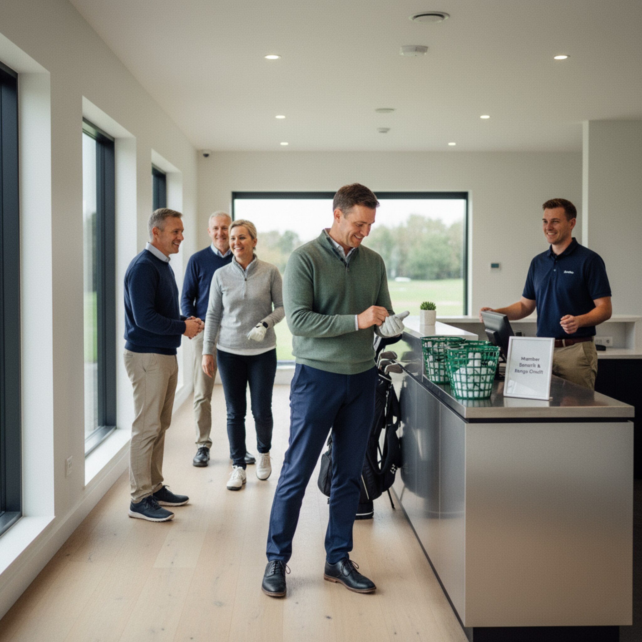 Stammgäste begrüßen sich am Empfang, ein kleines Schild weist auf Mitgliedervorteile und Kontingente hin. Ein Spieler legt seine Karte neben den Ballkorb, während er die Handschuhe schließt. Die Szene wirkt vertraut, unkompliziert und einladend.