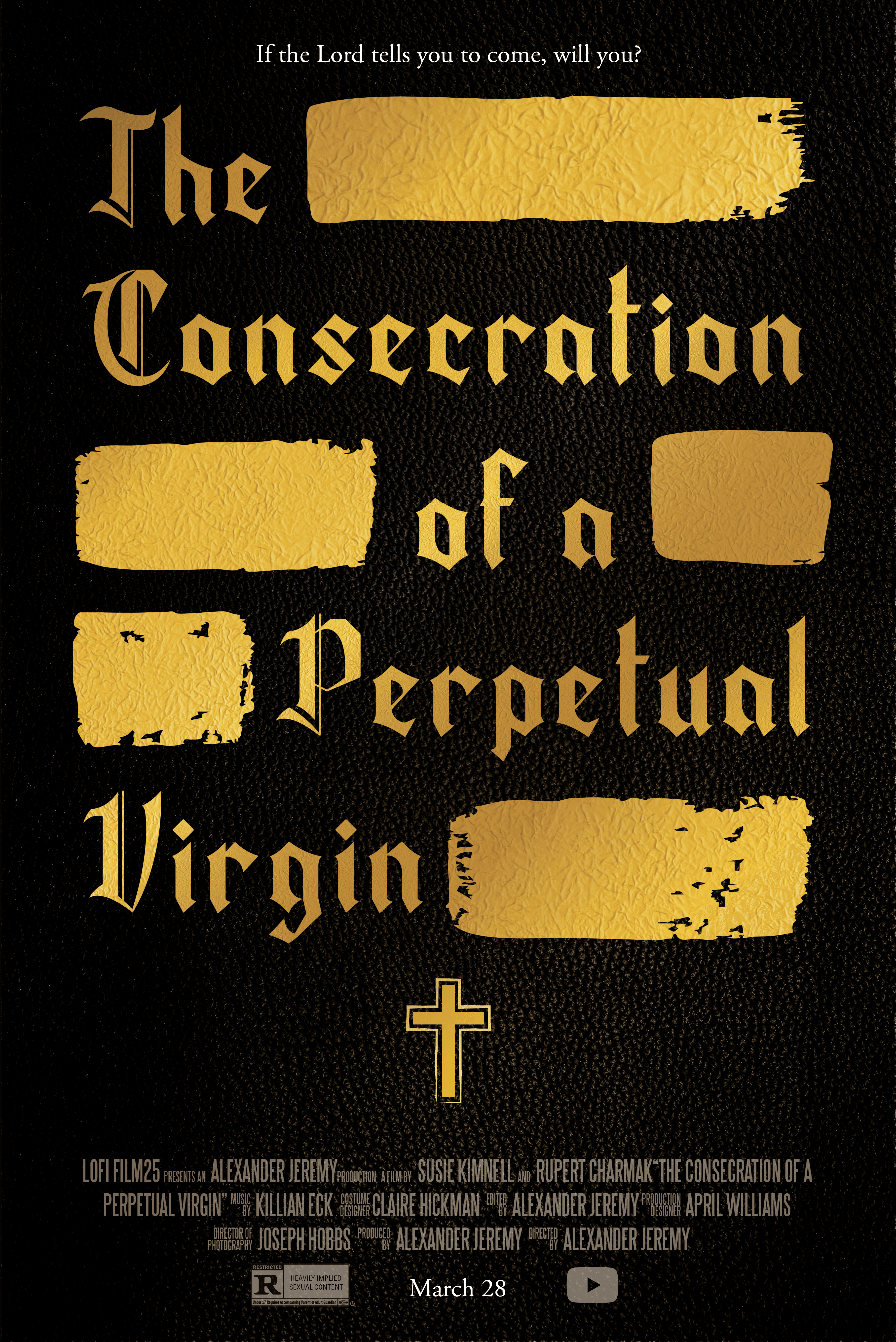 Movie poster, The Consecration of a Perpetual Virgin, with gold lettering and blocking on a black leather background