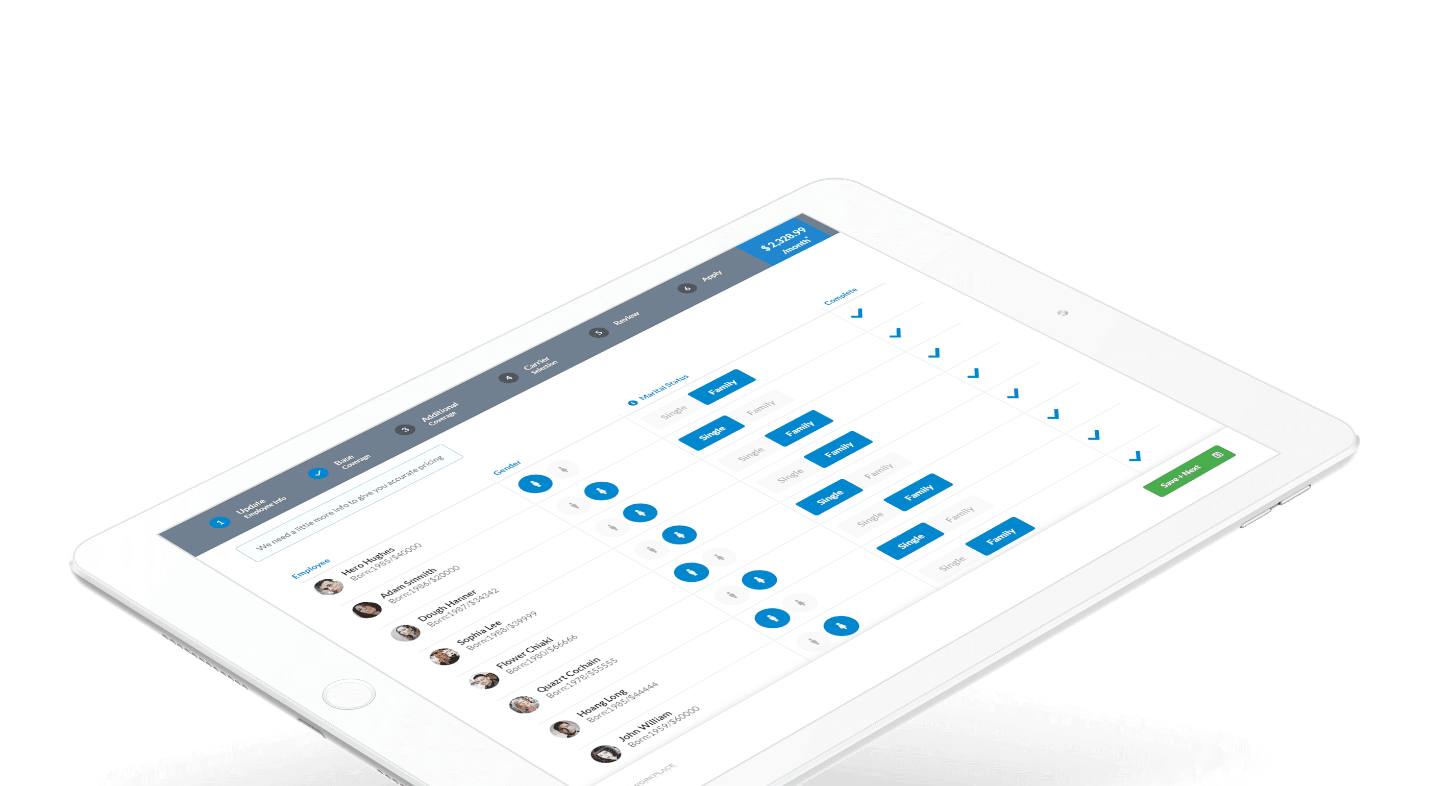 iPad displaying PayEvo benefits management dashboard with navigation menu, employee list, and benefit plan selection interface