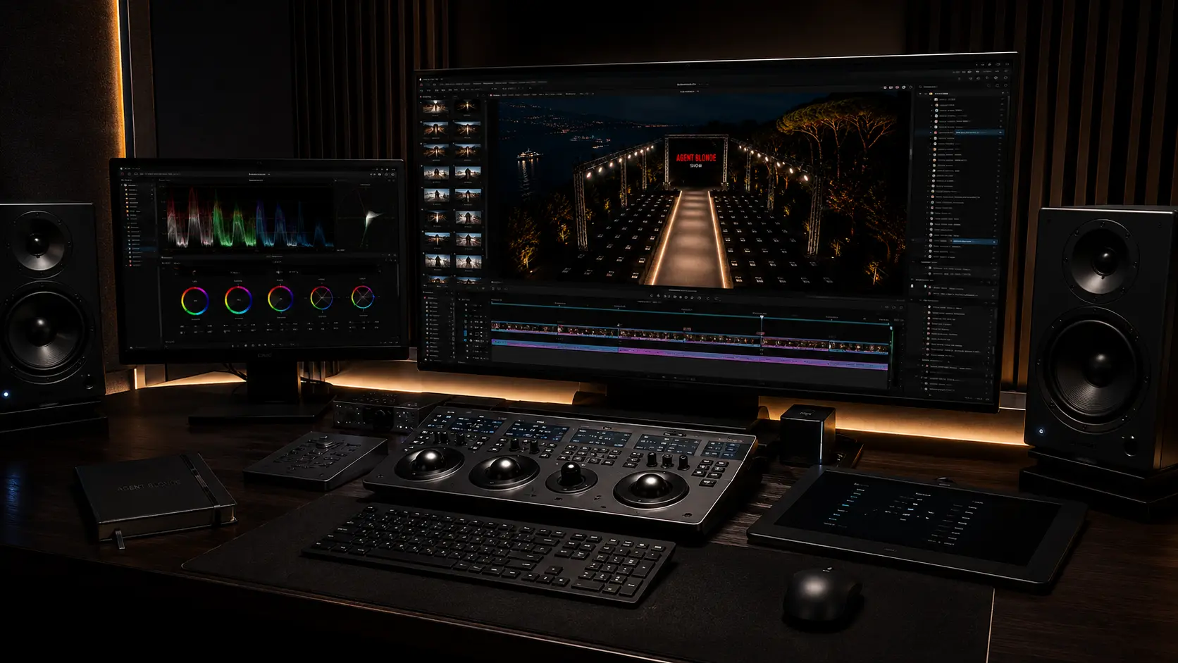 Station professionnelle de montage et d’étalonnage affichant les images du défilé AGENT BLONDE SHOW dans un studio de post-production haut de gamme.
