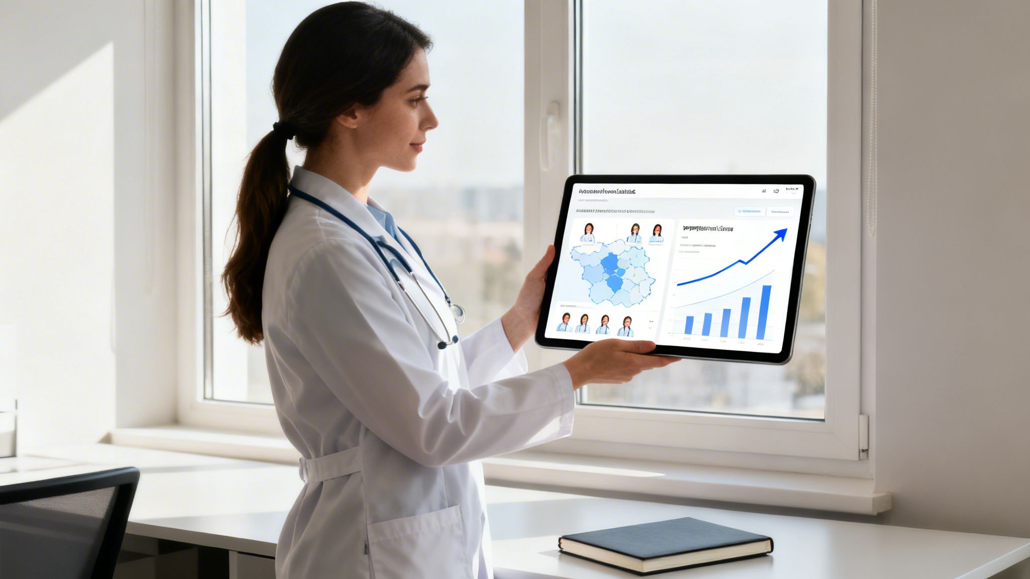 Female doctor in a white coat reviewing medical data on a tablet by a window.