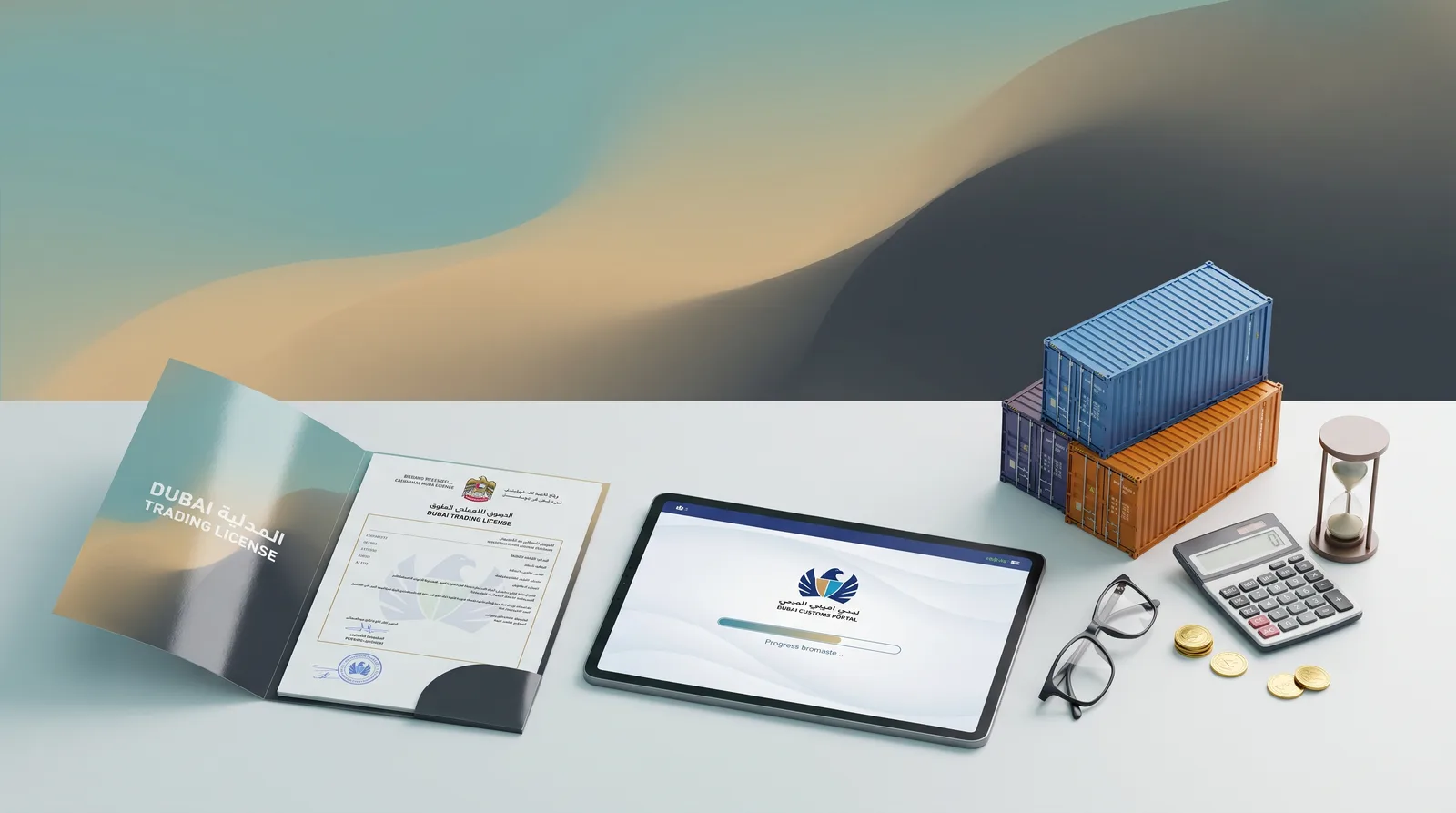 Customs Code Registration for a Dubai Trading License beside shipping containers and a customs declaration at a Dubai port