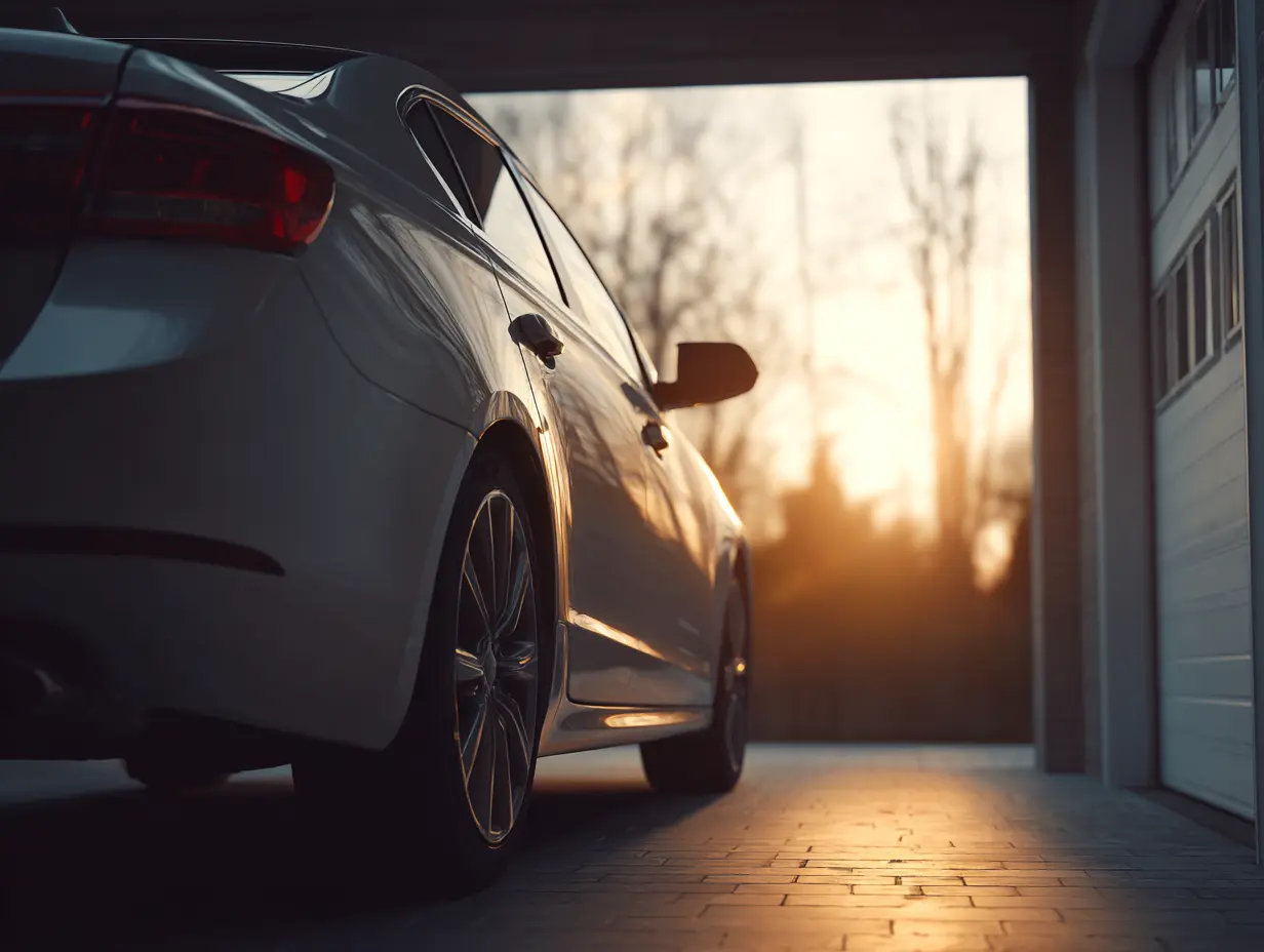 A premium vehicle parked inside a clean residential garage, representing secure auto transport services.