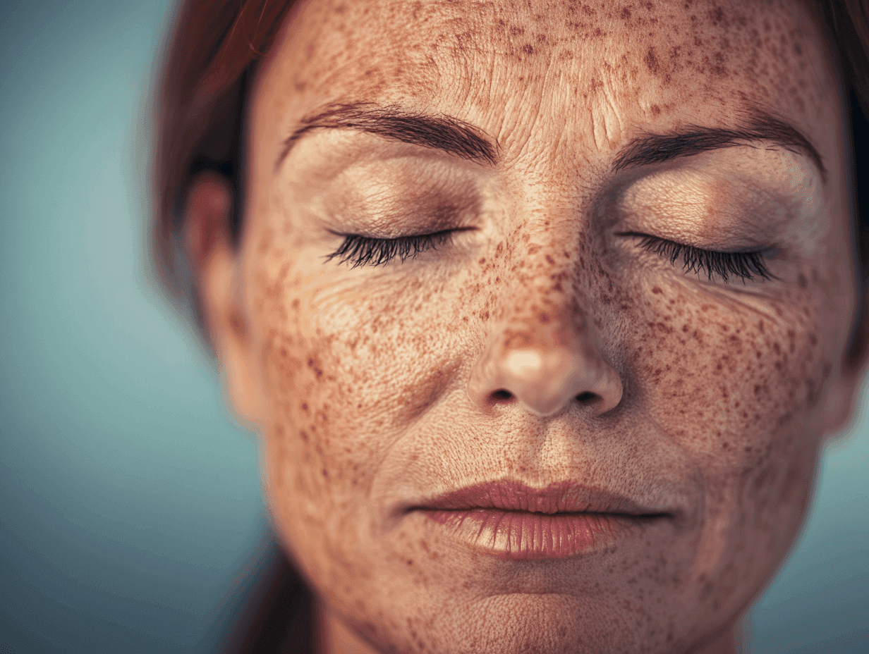 Zbliżenie na twarz dojrzałej kobiety o brązowych włosach