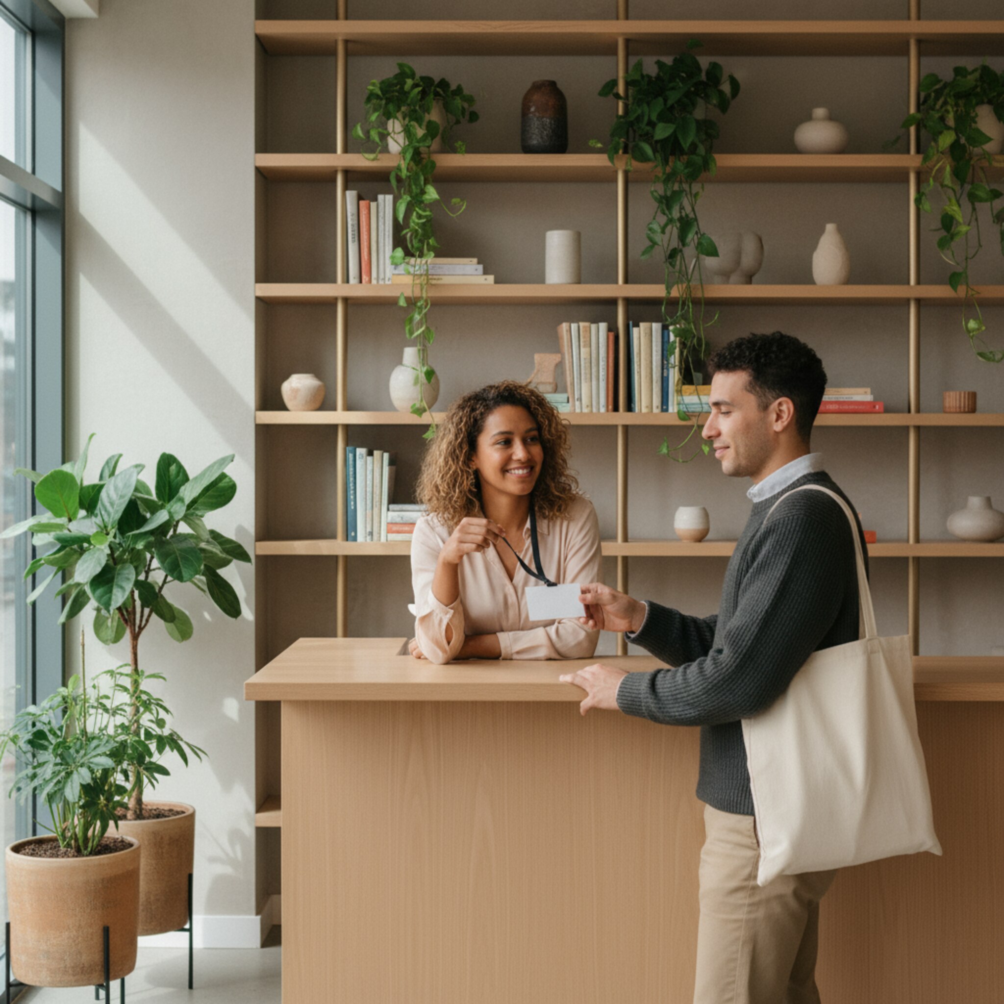 An der Rezeption überreicht eine Mitarbeiterin eine schlichte Member-Karte mit Lanyard an ein neues Mitglied. Im Hintergrund stehen offene Regale und Pflanzen, die eine freundliche Atmosphäre erzeugen. Die Szene vermittelt Ankommen, Zugehörigkeit und einen klaren Start ohne Hektik.