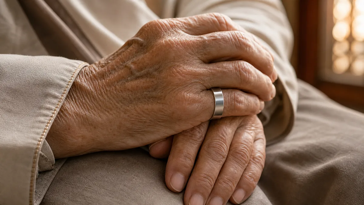 Elderly hands folded calmly with a silver smart tasbih ring on one finger