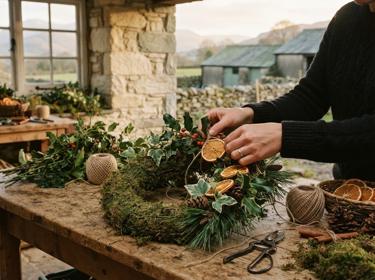 Making a Christmas wreath from farm foliage