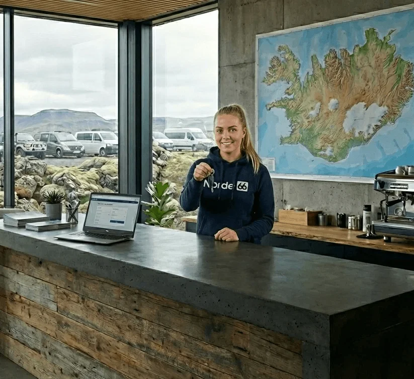 Woman holding keys standing behind a reception counter with a map on the wall.