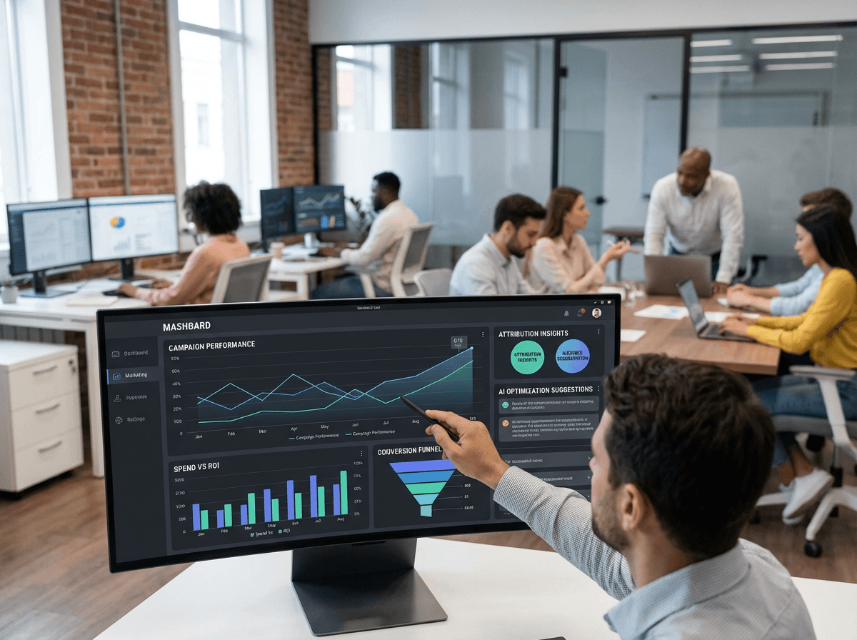 “Modern MarTech dashboard displayed in a performance marketing office showing real-time campaign metrics, traffic sources, and conversion performance.”