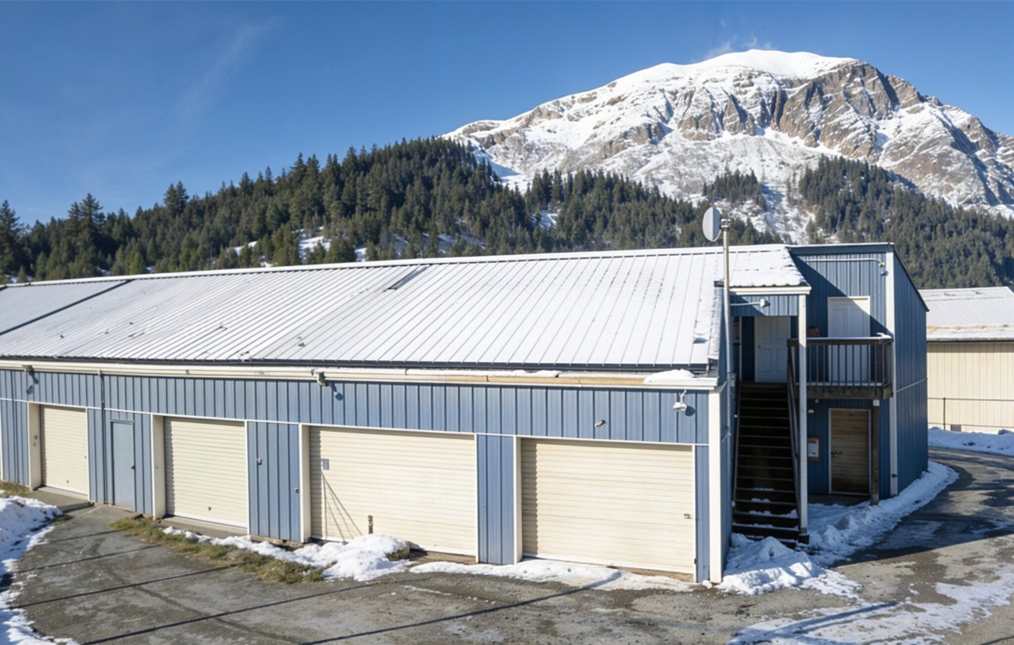 A complex of blue self-storage units surrounded by trees.
