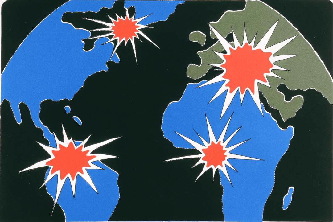 Earth seen from space, nuclear explosions everywhere