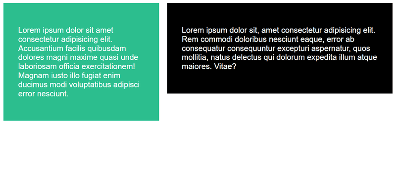 HTML/CSS output that shows two, side by side rectangles the lorem ipsum in them. The rectangle on the left is taller and green, and the one on the right is black