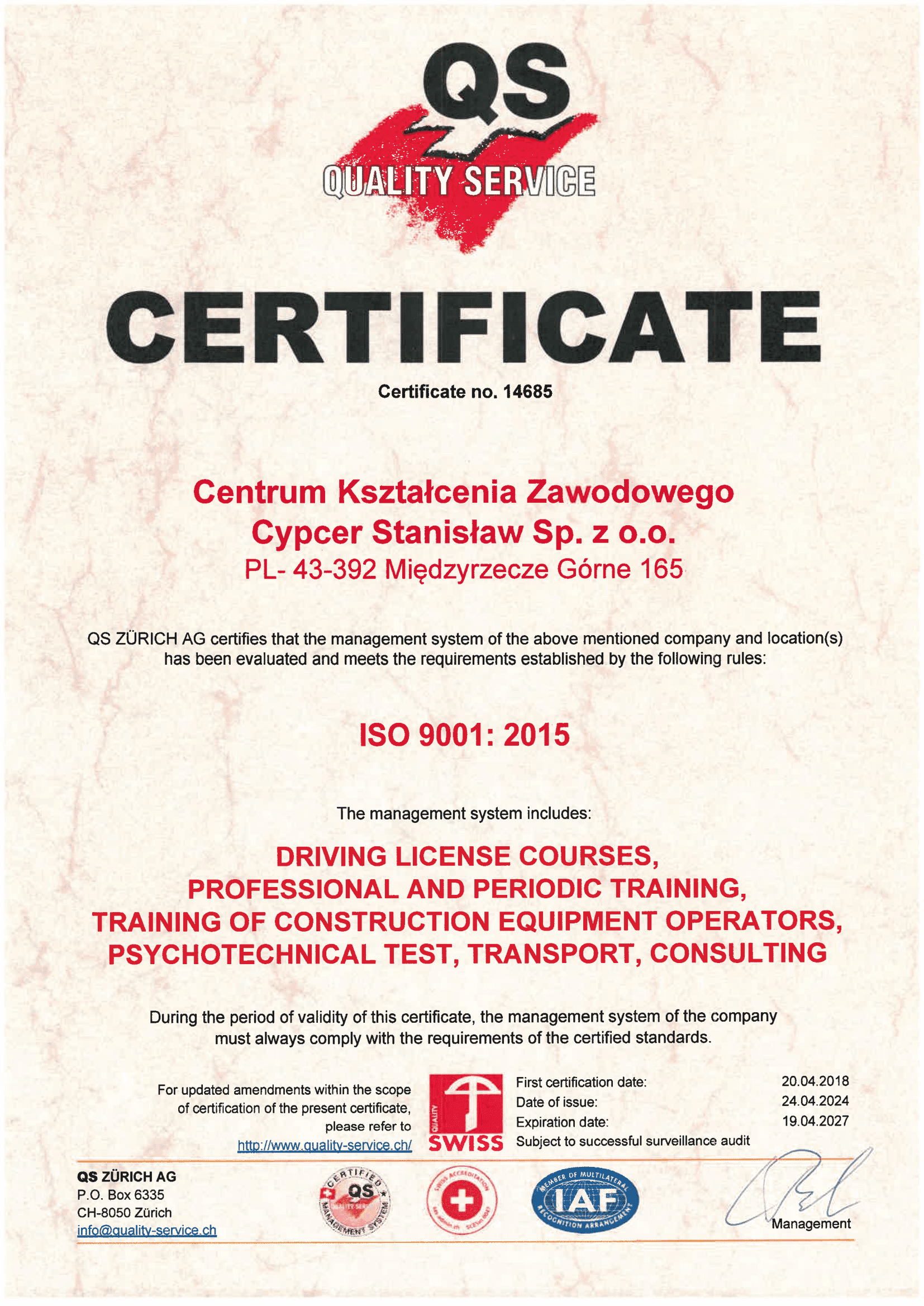 Certyfikat dla CKZ Cypcer w uznaniu za profesjonalizm w diagnostyce psychologicznej kierowców.