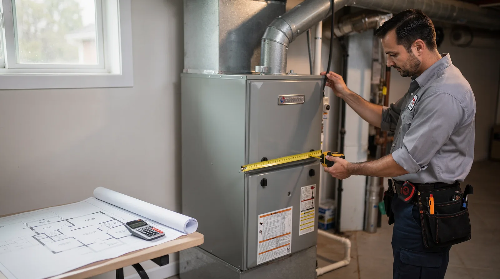 Multiply your home’s square footage by 40 for well-insulated homes or 45 for older