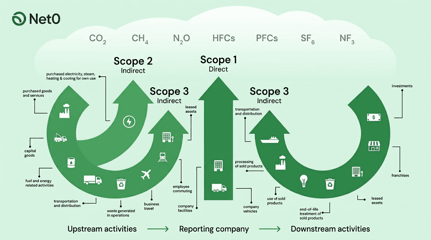 Comprehensive GHG Protocol scope diagram showing Scope 1 direct emissions at centre, Scope 2 indirect purchased energy, and Scope 3 upstream and downstream value chain activities with all 15 categories labelled