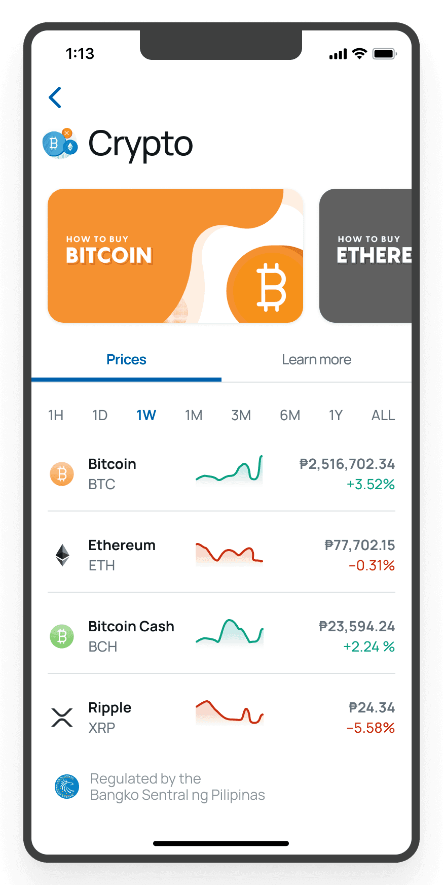 A smartphone screen showing a crypto app's homepage with Bitcoin and Ethereum price trends and educational content on how to buy cryptocurrencies.